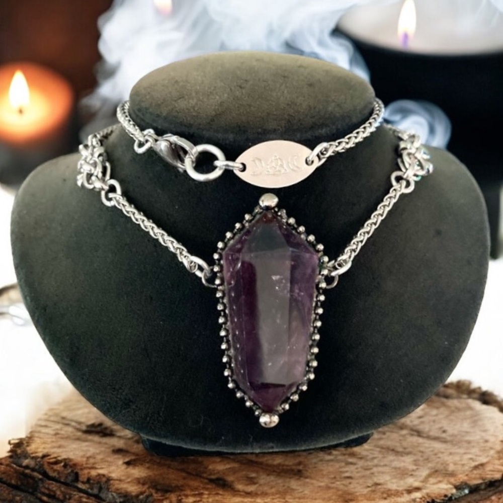 Natural big purple amethyst crystal gemstone boho Celtic maille steel necklace